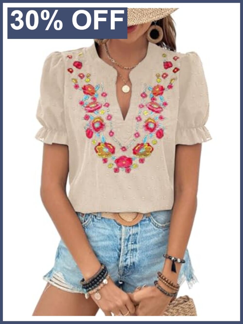 Floral Embroidered V Neck Puff Sleeve Blouse Loose Summer Top